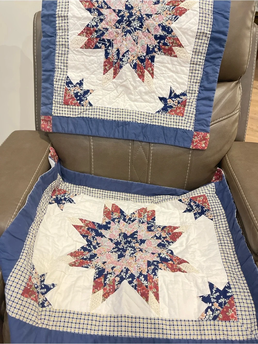 Star Patchwork Quilt pillow shams- Blue, Red, Cream set of 2